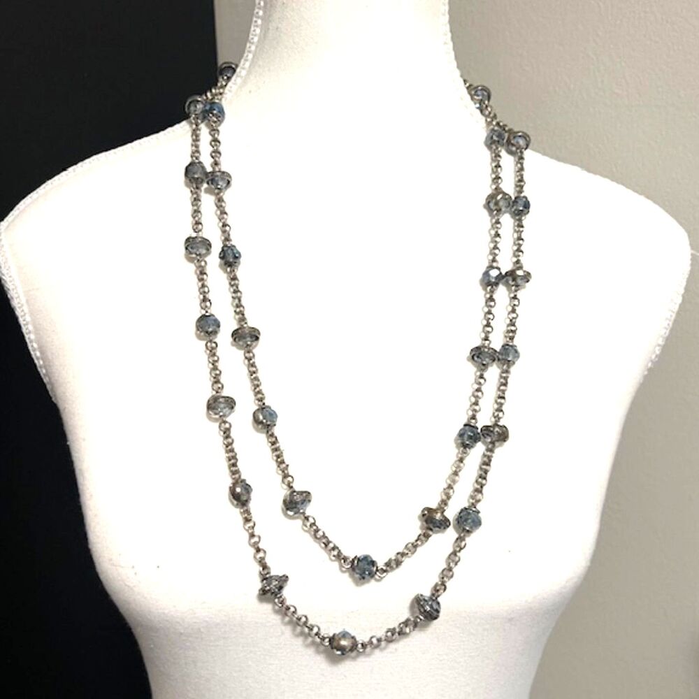 Premier Design Signed Silver Tone Aqua Faceted Gemstone Beads Long Necklace